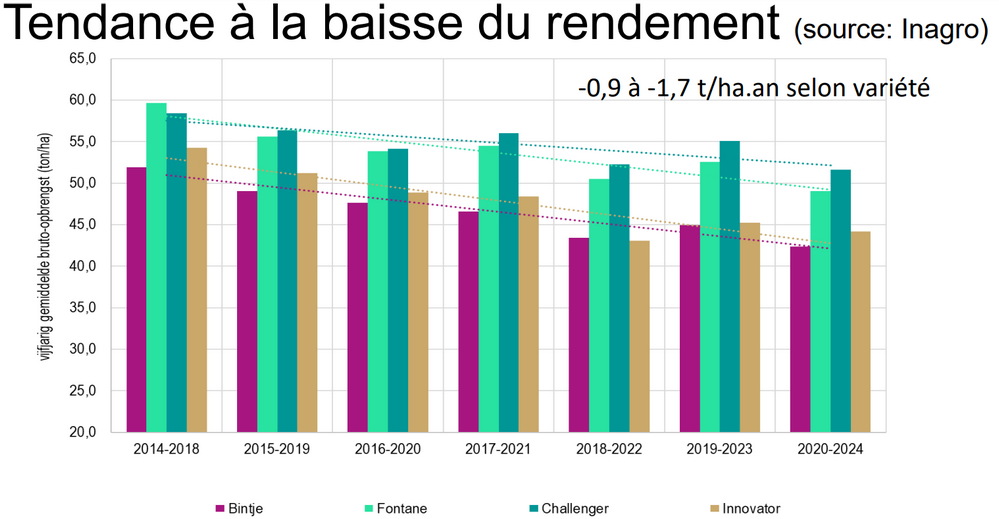 On observe une régression de l’ordre de 0,9 à 1,7 T/ha.an du rendement obtenu.