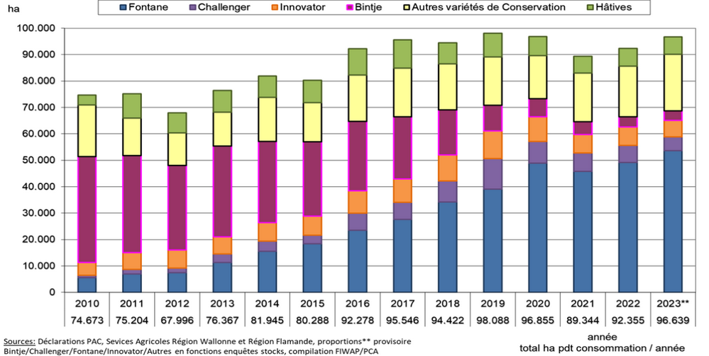 Actuellement, le secteur est dépendant de la variété Fontane. La Bintje (en mauve) a été remplacée par Fontane (en bleu) en l’espace de 15 ans.