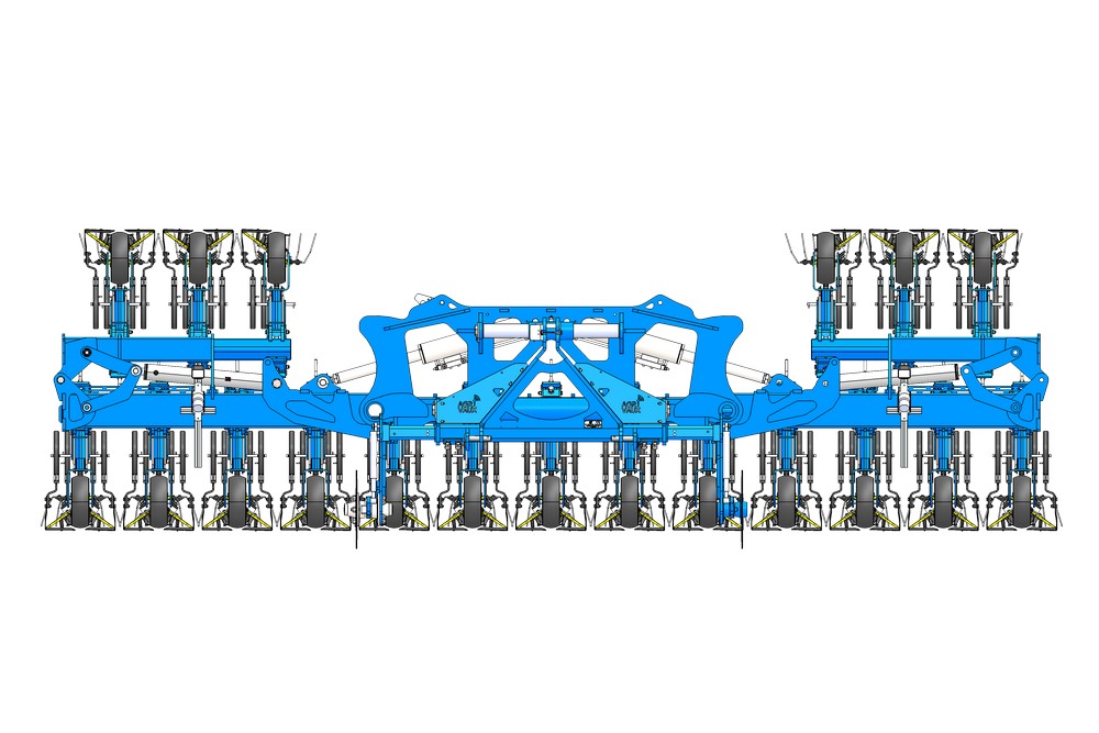 Lors du travail en 12 rangs avec la bineuse modulaire 12/18 rangs, le châssis ne dépasse pas en largeur, de manière à pouvoir travailler les bords des parcelles.