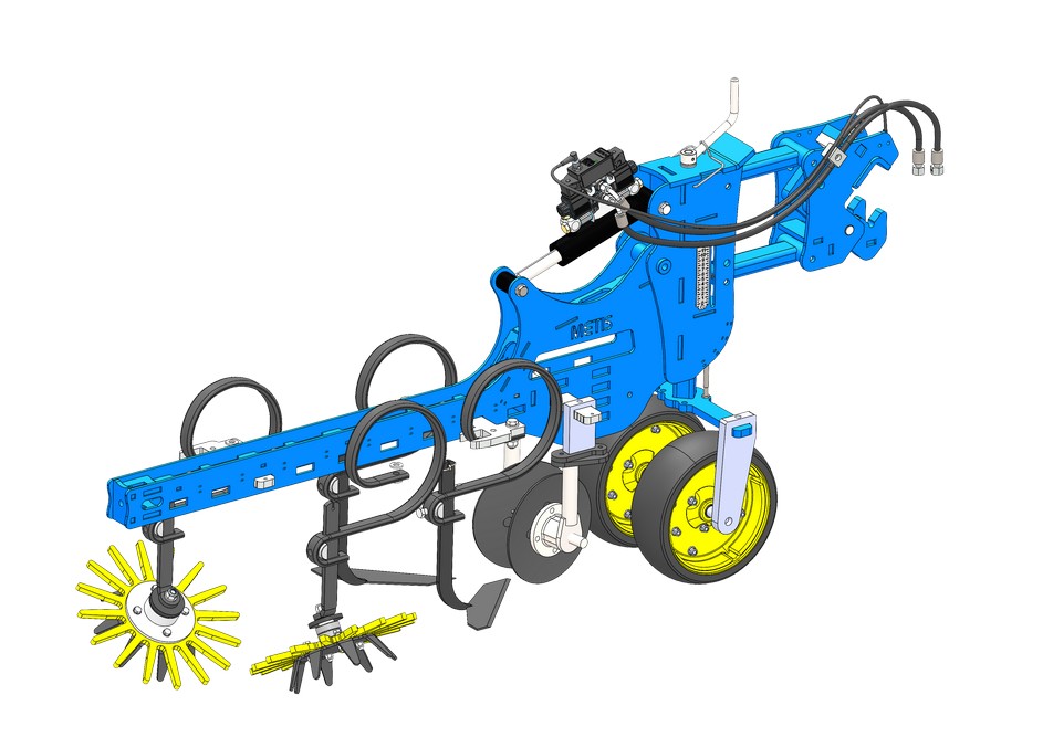 4. Agrivaux a développé une bineuse particulière sur laquelle les éléments vont se placer au-dessus des routes et vont travailler de part et d’autre des rangs de culture.