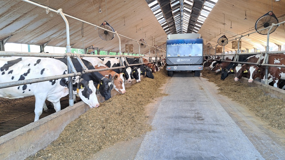 La mélangeuse distribue l’alimentation aux vaches dans un silence relatif.